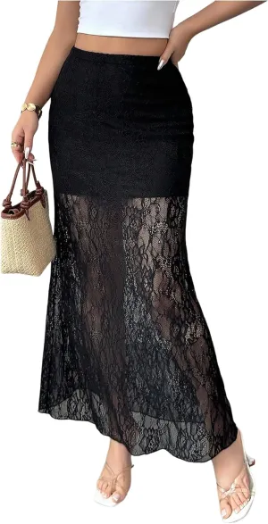 Women's Y2K Lace Sheer Long Skirt Ruffle High Waisted Mesh Bodycon Skirts Vacation Festival Outfits