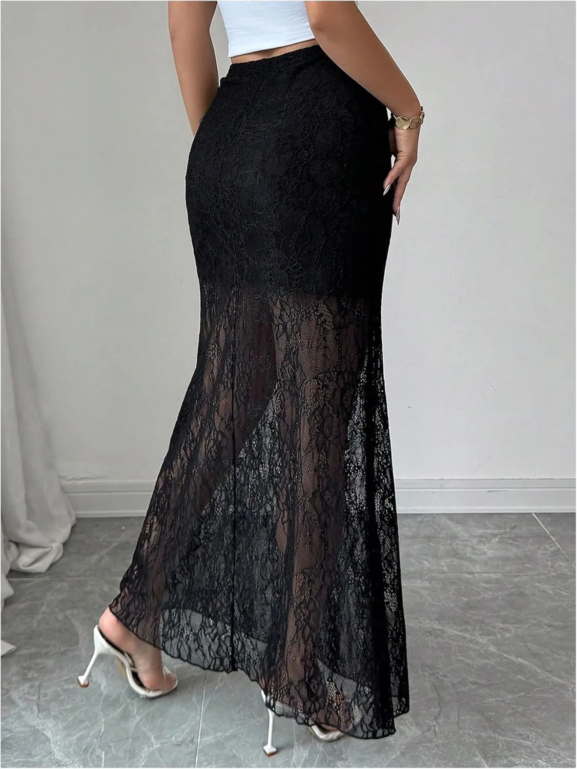 Women's Y2K Lace Sheer Long Skirt Ruffle High Waisted Mesh Bodycon Skirts Vacation Festival Outfits