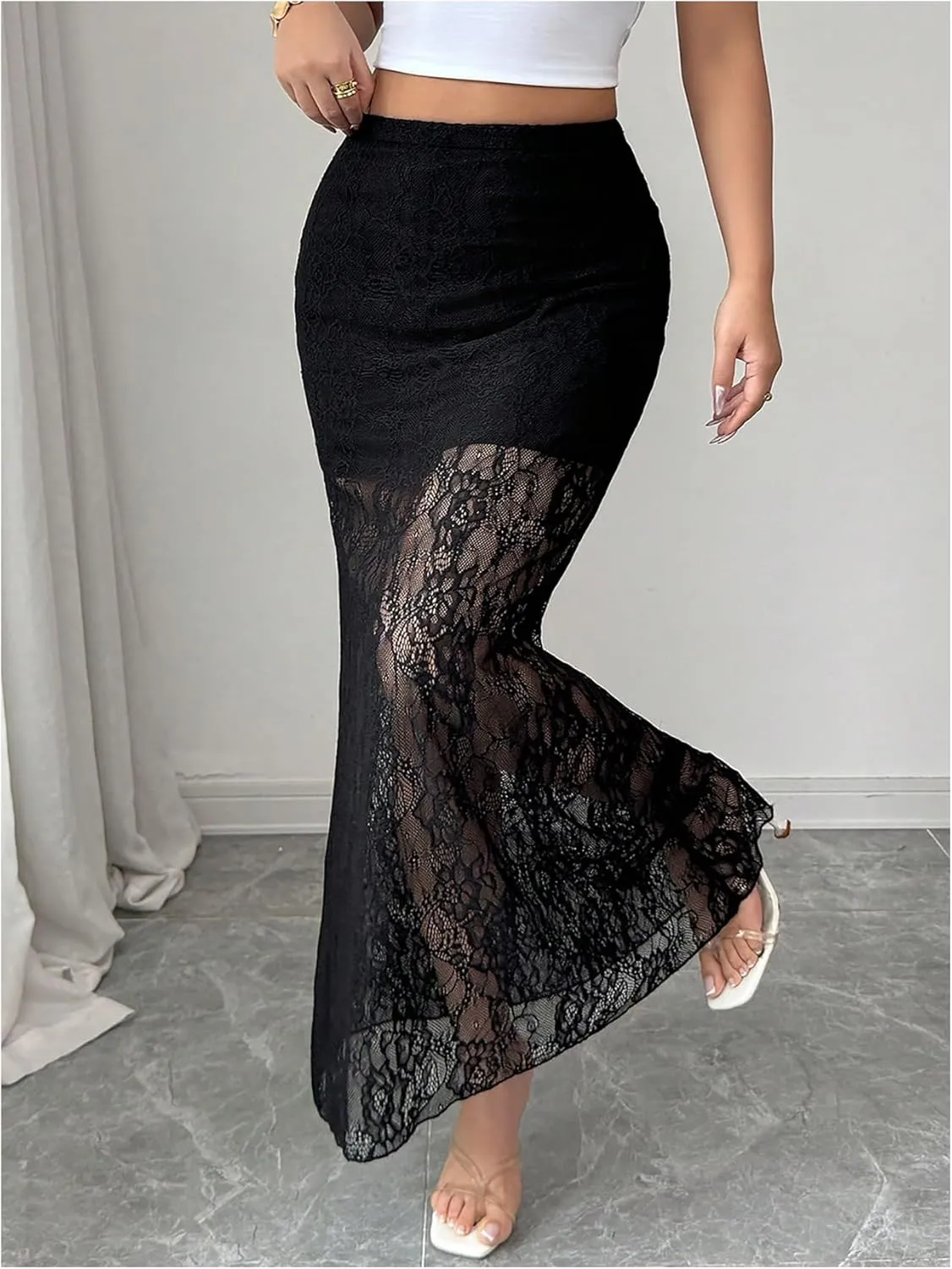 Women's Y2K Lace Sheer Long Skirt Ruffle High Waisted Mesh Bodycon Skirts Vacation Festival Outfits