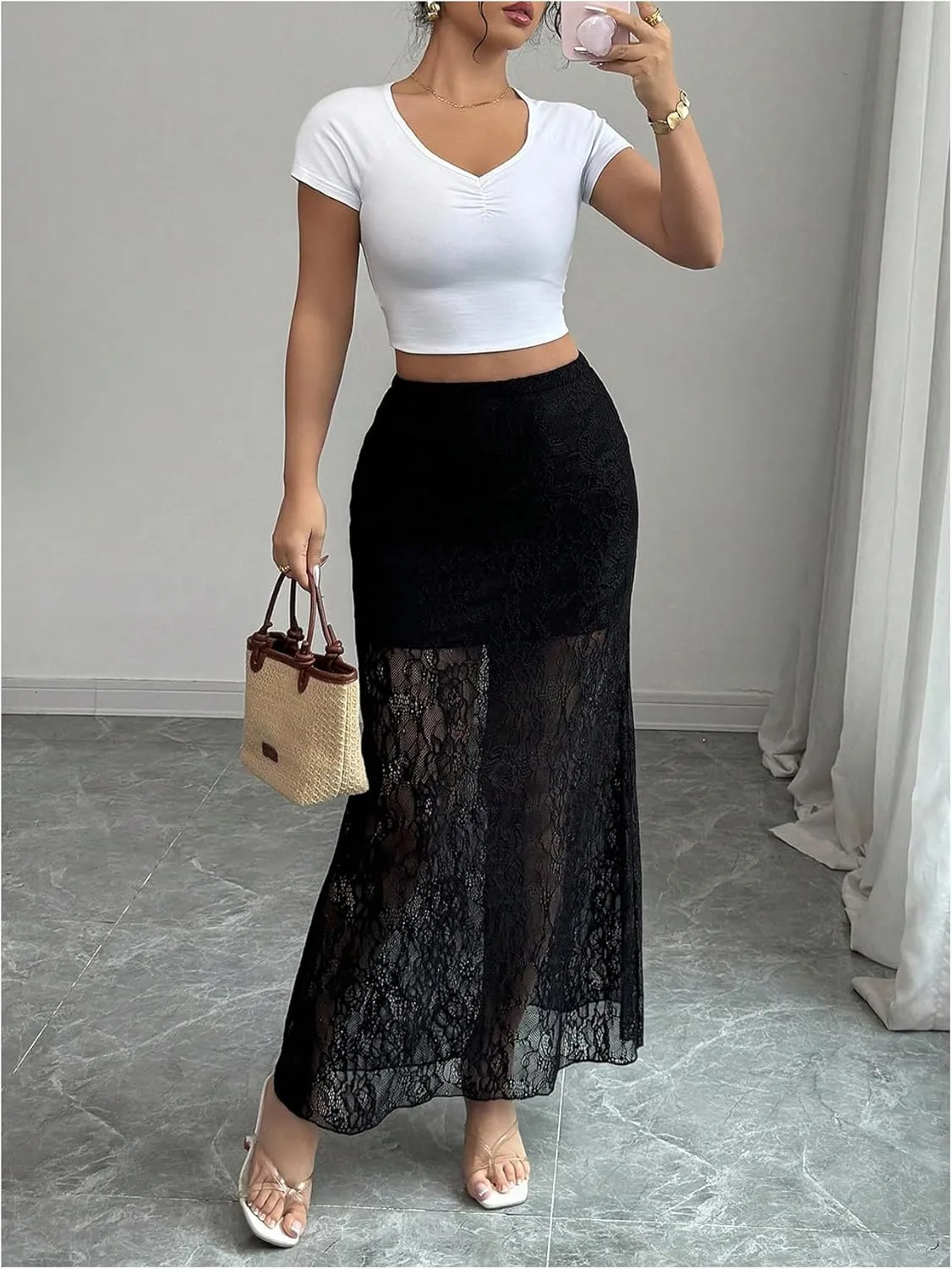 Women's Y2K Lace Sheer Long Skirt Ruffle High Waisted Mesh Bodycon Skirts Vacation Festival Outfits