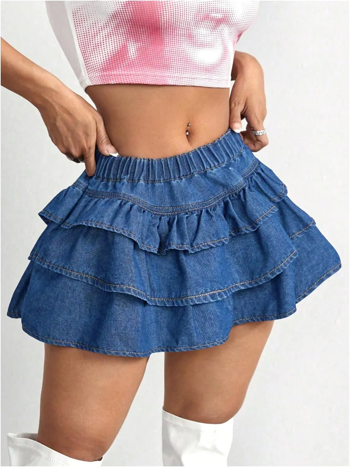 Women's Y2K Solid Ruffle Denim Skirt Drop Low Waist A Line Jean Skirt Casual Tiered Layer Hem Tiered Mini Skirt