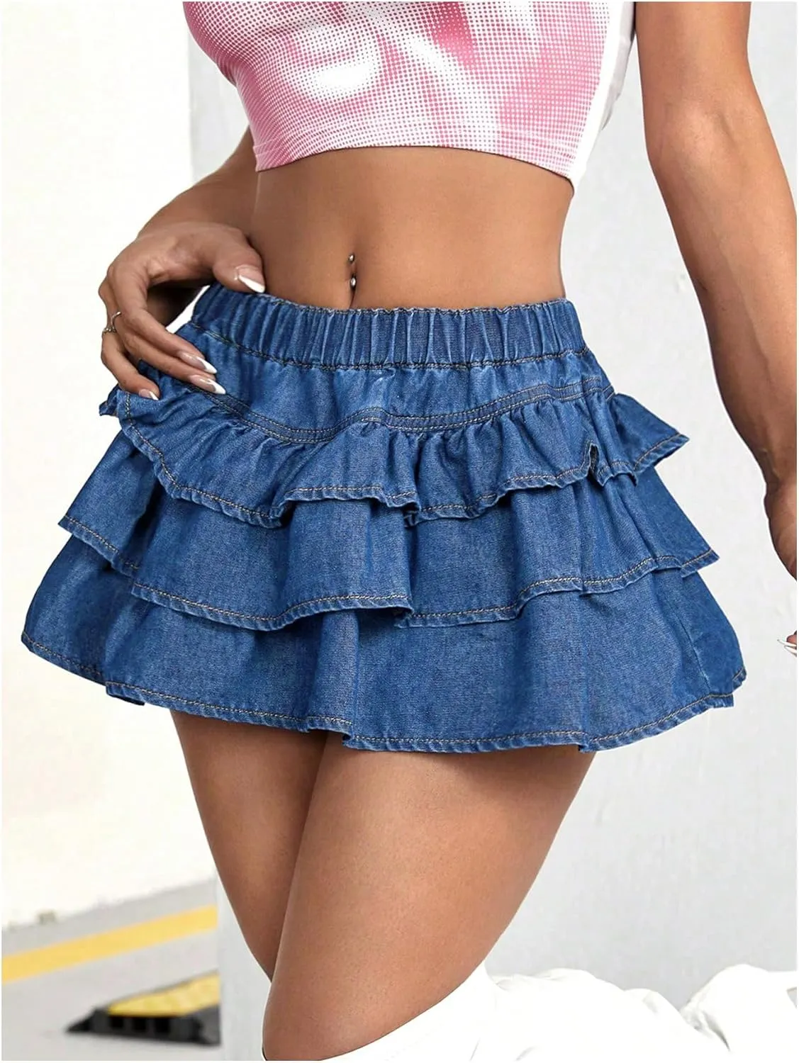 Women's Y2K Solid Ruffle Denim Skirt Drop Low Waist A Line Jean Skirt Casual Tiered Layer Hem Tiered Mini Skirt