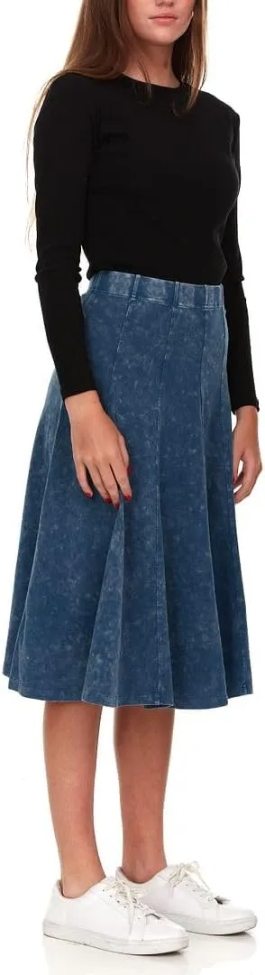 Women's/Teens Stonewash Cotton Flared Midi Skirt  Denim Look, Elastic Waist, Panel Design, 27 Length