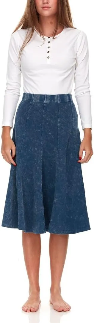 Women's/Teens Stonewash Cotton Flared Midi Skirt  Denim Look, Elastic Waist, Panel Design, 27 Length