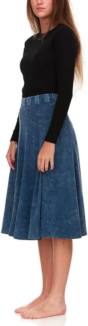 Women's/Teens Stonewash Cotton Flared Midi Skirt  Denim Look, Elastic Waist, Panel Design, 27 Length