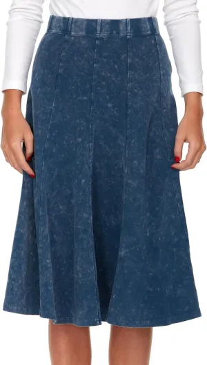 Women's/Teens Stonewash Cotton Flared Midi Skirt  Denim Look, Elastic Waist, Panel Design, 27 Length