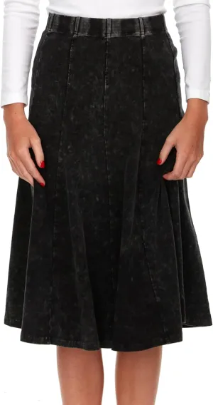 Women's/Teens Stonewash Cotton Flared Midi Skirt  Denim Look, Elastic Waist, Panel Design, 27 Length