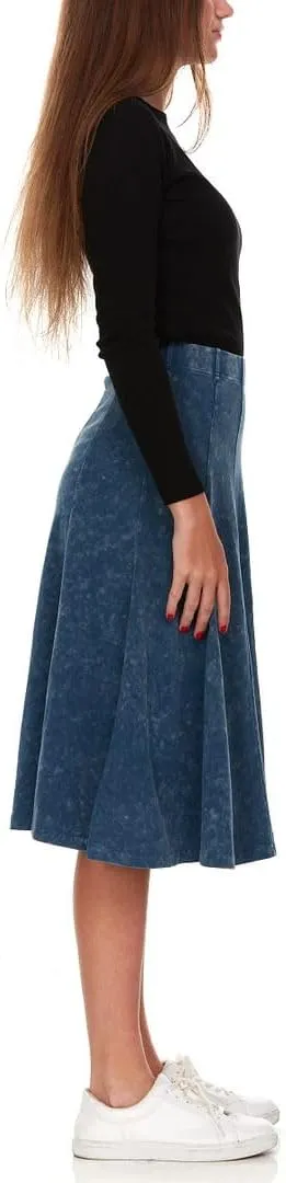 Women's/Teens Stonewash Cotton Flared Midi Skirt  Denim Look, Elastic Waist, Panel Design, 27 Length
