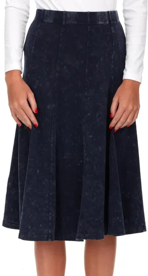 Women's/Teens Stonewash Cotton Flared Midi Skirt  Denim Look, Elastic Waist, Panel Design, 27 Length