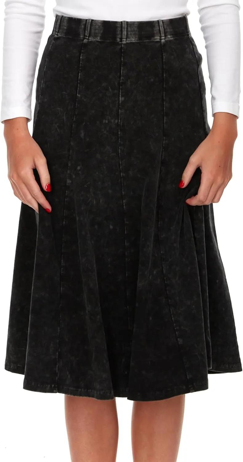 Women's/Teens Stonewash Cotton Flared Midi Skirt  Denim Look, Elastic Waist, Panel Design, 27 Length
