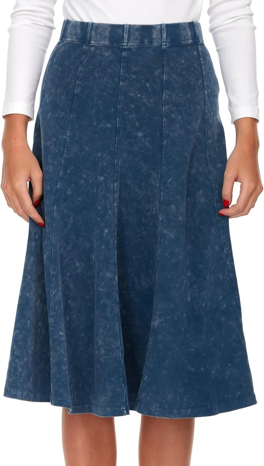 Women's/Teens Stonewash Cotton Flared Midi Skirt  Denim Look, Elastic Waist, Panel Design, 27 Length
