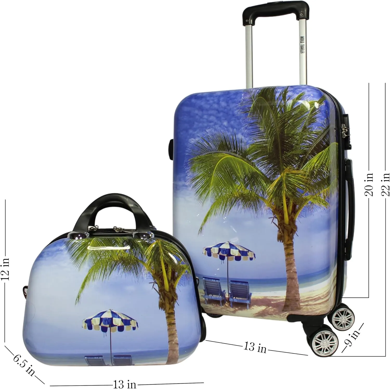 World Traveler VentureX Airline Approved Luggage  Lightweight Hardside Suitcase with Spinner Wheels, Palm Tree, 2-Piece Carry-On Set
