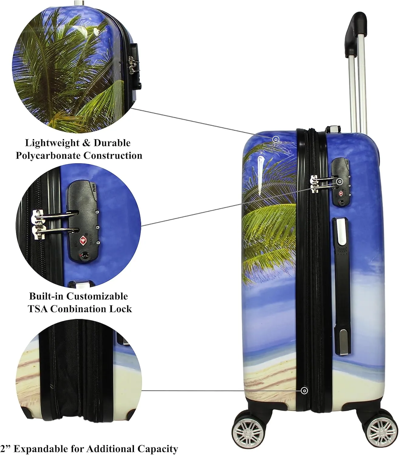 World Traveler VentureX Airline Approved Luggage  Lightweight Hardside Suitcase with Spinner Wheels, Palm Tree, 2-Piece Carry-On Set