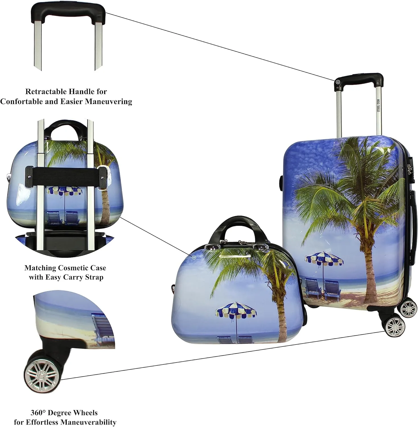 World Traveler VentureX Airline Approved Luggage  Lightweight Hardside Suitcase with Spinner Wheels, Palm Tree, 2-Piece Carry-On Set