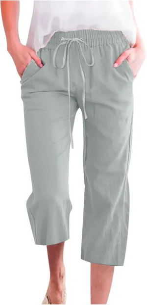 Xiaojmake Linen Capri Pants for Womens Drawstring Waist Summer Casual Pants Loose Wide Leg Trouser Cropped Pants with Pockets