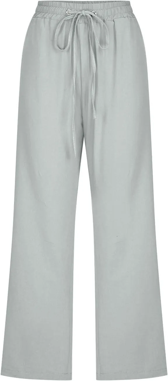 Xiaojmake Linen Capri Pants for Womens Drawstring Waist Summer Casual Pants Loose Wide Leg Trouser Cropped Pants with Pockets