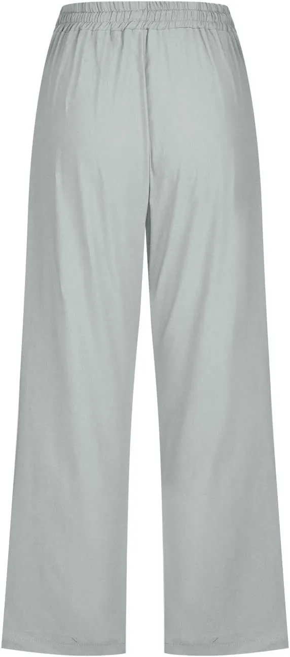Xiaojmake Linen Capri Pants for Womens Drawstring Waist Summer Casual Pants Loose Wide Leg Trouser Cropped Pants with Pockets