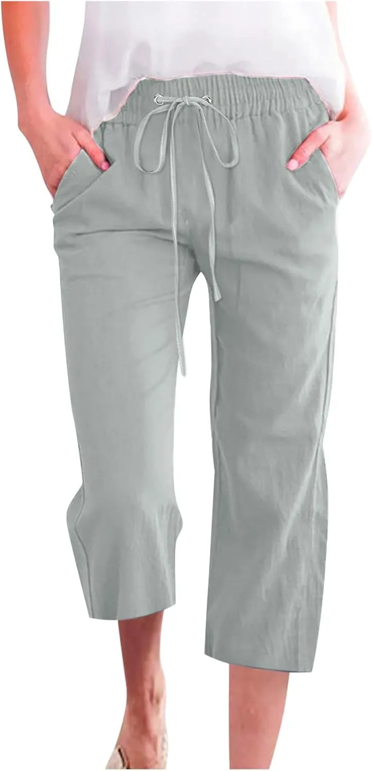 Xiaojmake Linen Capri Pants for Womens Drawstring Waist Summer Casual Pants Loose Wide Leg Trouser Cropped Pants with Pockets