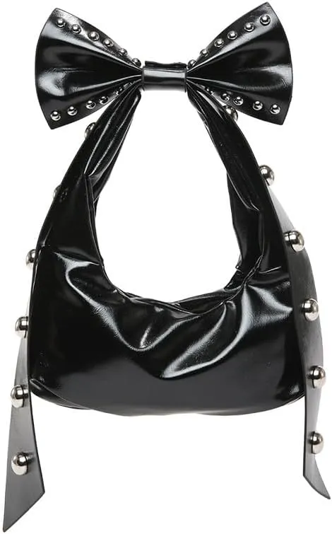 Y2k Coquette Purse with Bow Knot Studded Crescent Hobo Bag Aesthetic Women Handbag Rivet Shoulder Bags Satchels Tote