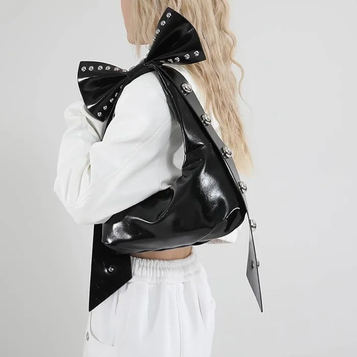 Y2k Coquette Purse with Bow Knot Studded Crescent Hobo Bag Aesthetic Women Handbag Rivet Shoulder Bags Satchels Tote