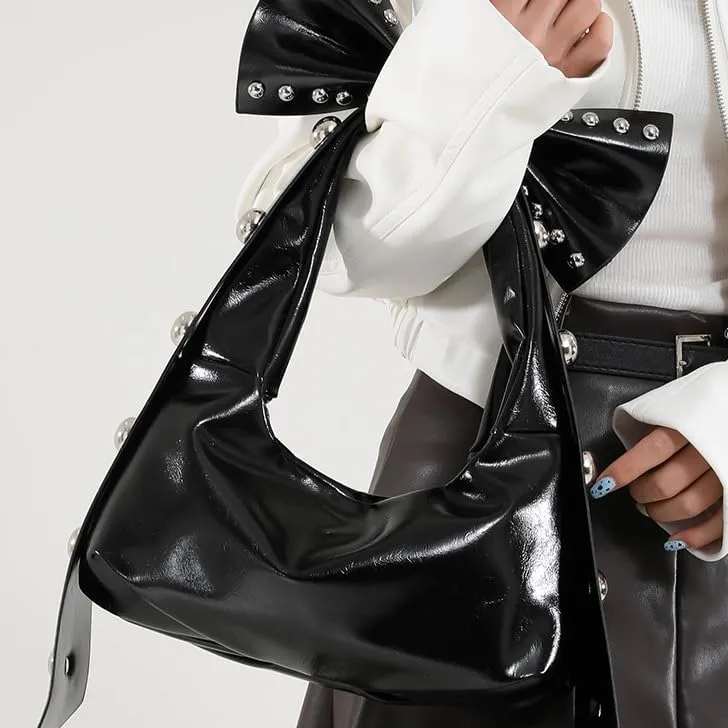 Y2k Coquette Purse with Bow Knot Studded Crescent Hobo Bag Aesthetic Women Handbag Rivet Shoulder Bags Satchels Tote