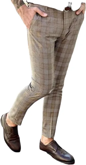 YIBIMOTTO Men's Slim Fit Pants Straight Dress Pants Business Suit Plaid Slacks Pants Skinny Twill Checkered Casual Chino Long Trousers with Pockets,Khaki Plaid,S