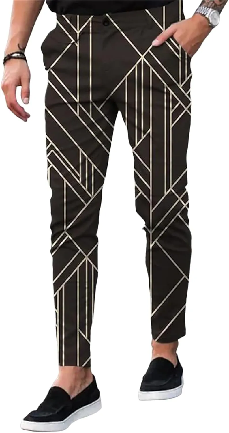 YIBIMOTTO Straight Dress Pants for Mens Business Suit Plaid Slacks Pants Slim Fit Pants Skinny Twill Checkered Casual Chino Long Trousers with Pockets,Brown Stripe,3XL