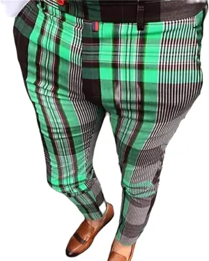 YIBIMOTTO Straight Dress Pants for Mens Business Suit Plaid Slacks Pants Slim Fit Pants Skinny Twill Checkered Casual Chino Long Trousers with Pockets,Green Stripe,XXL