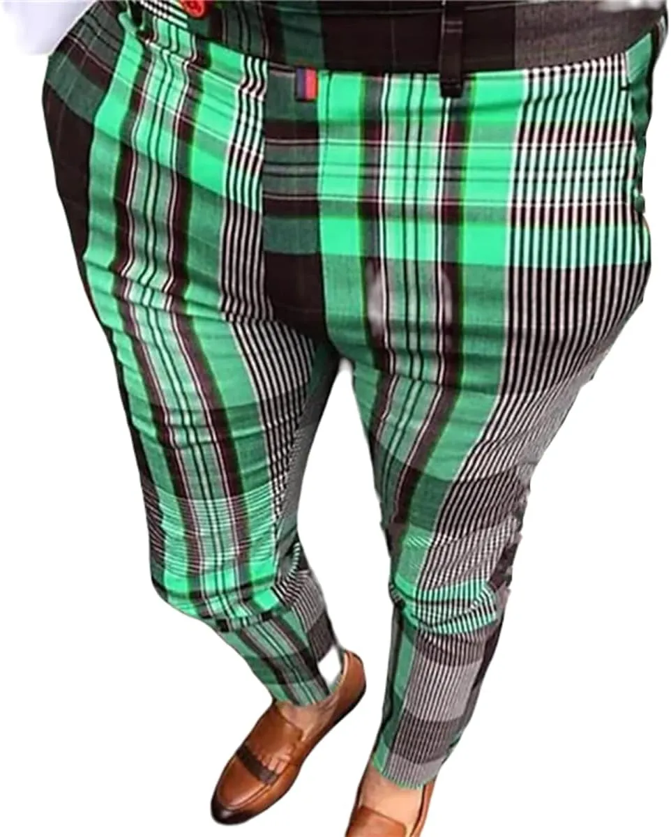 YIBIMOTTO Straight Dress Pants for Mens Business Suit Plaid Slacks Pants Slim Fit Pants Skinny Twill Checkered Casual Chino Long Trousers with Pockets,Green Stripe,XXL