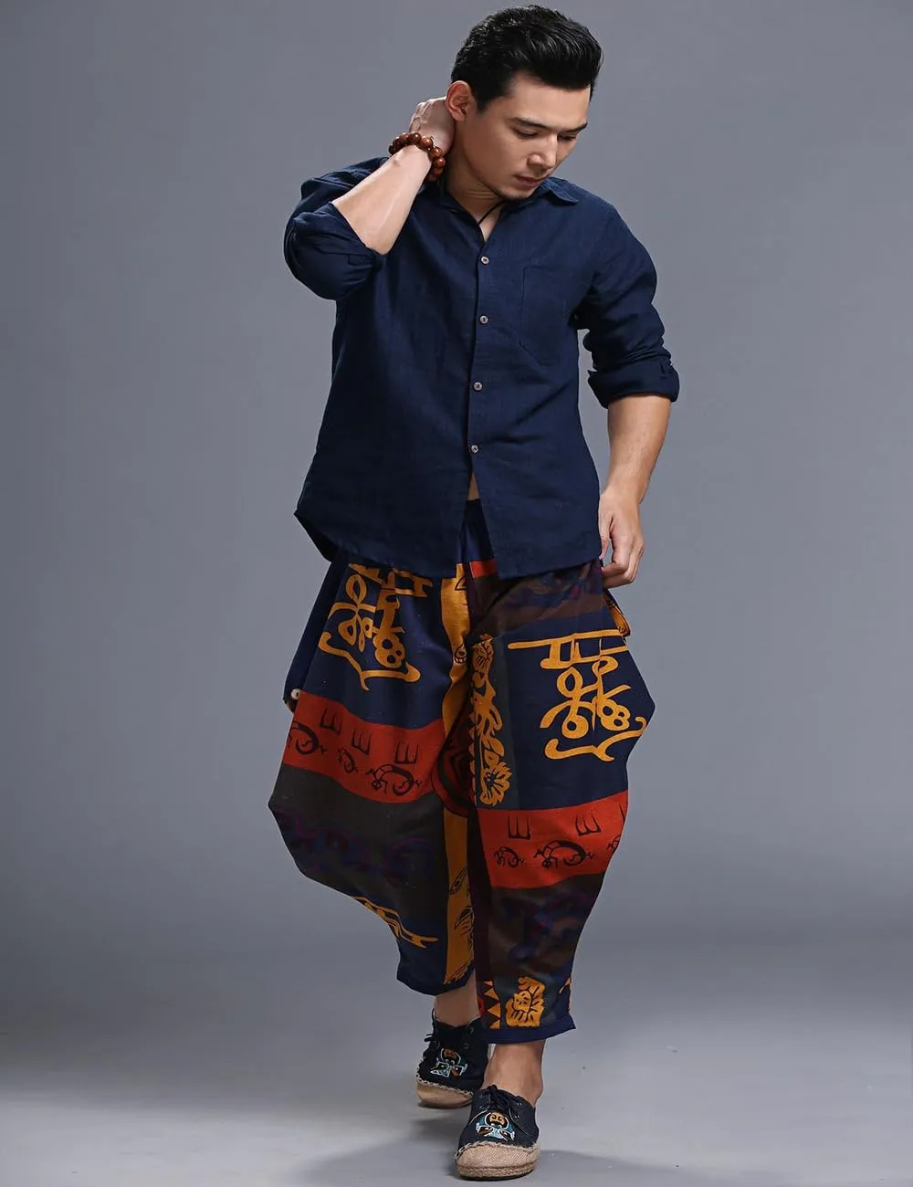 Ystylee Men's Summer Cotton Linen Ethnic Printed Harem Pants Casual Loose Hippie Yoga Beach Cropped Pants