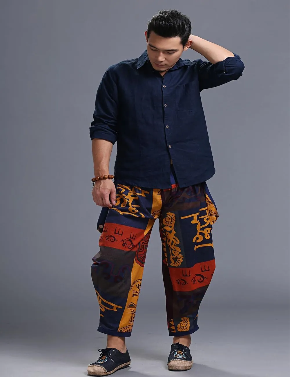 Ystylee Men's Summer Cotton Linen Ethnic Printed Harem Pants Casual Loose Hippie Yoga Beach Cropped Pants