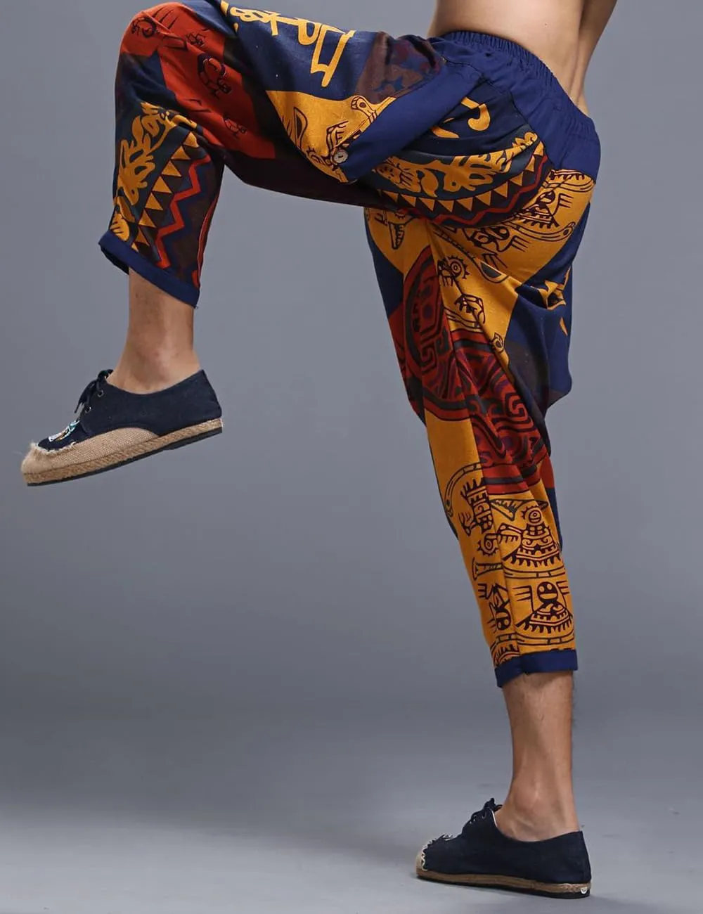 Ystylee Men's Summer Cotton Linen Ethnic Printed Harem Pants Casual Loose Hippie Yoga Beach Cropped Pants