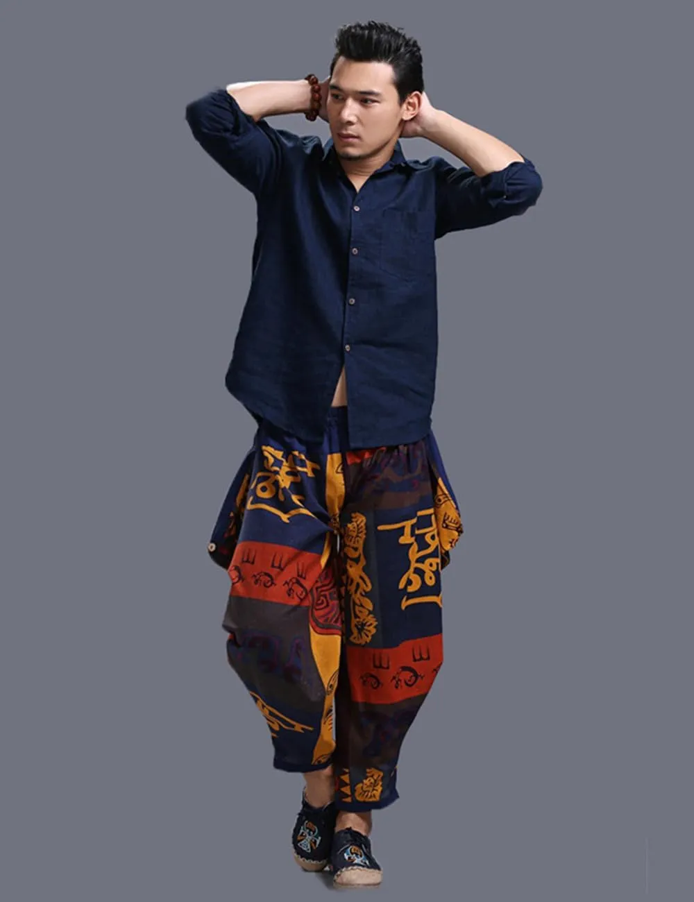 Ystylee Men's Summer Cotton Linen Ethnic Printed Harem Pants Casual Loose Hippie Yoga Beach Cropped Pants