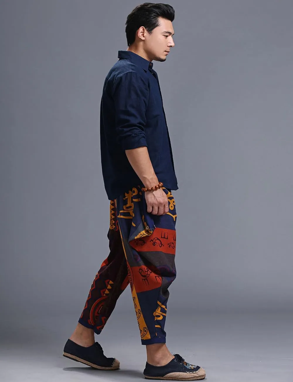 Ystylee Men's Summer Cotton Linen Ethnic Printed Harem Pants Casual Loose Hippie Yoga Beach Cropped Pants