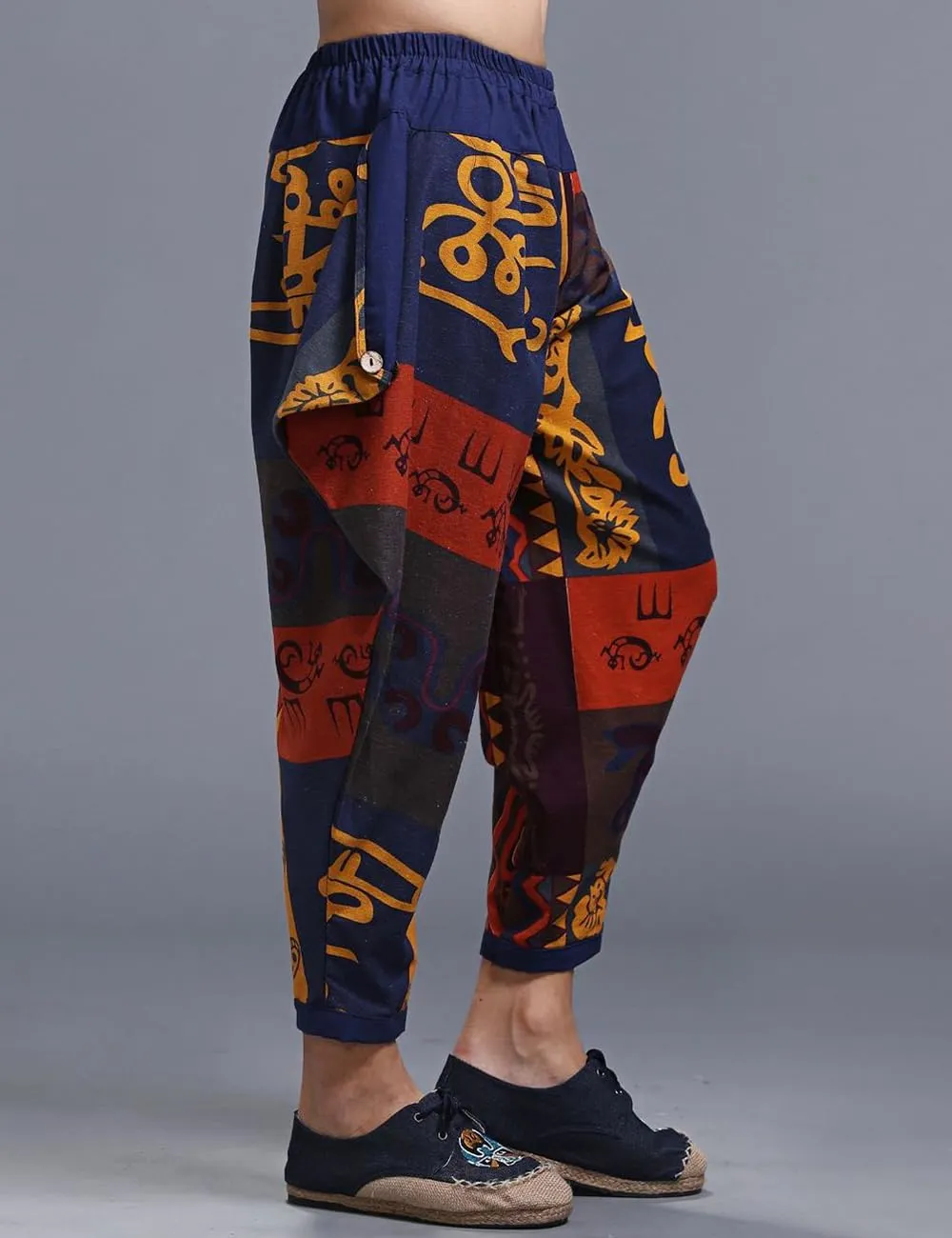 Ystylee Men's Summer Cotton Linen Ethnic Printed Harem Pants Casual Loose Hippie Yoga Beach Cropped Pants