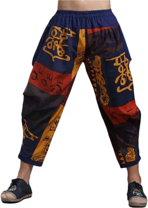 Ystylee Men's Summer Cotton Linen Ethnic Printed Harem Pants Casual Loose Hippie Yoga Beach Cropped Pants