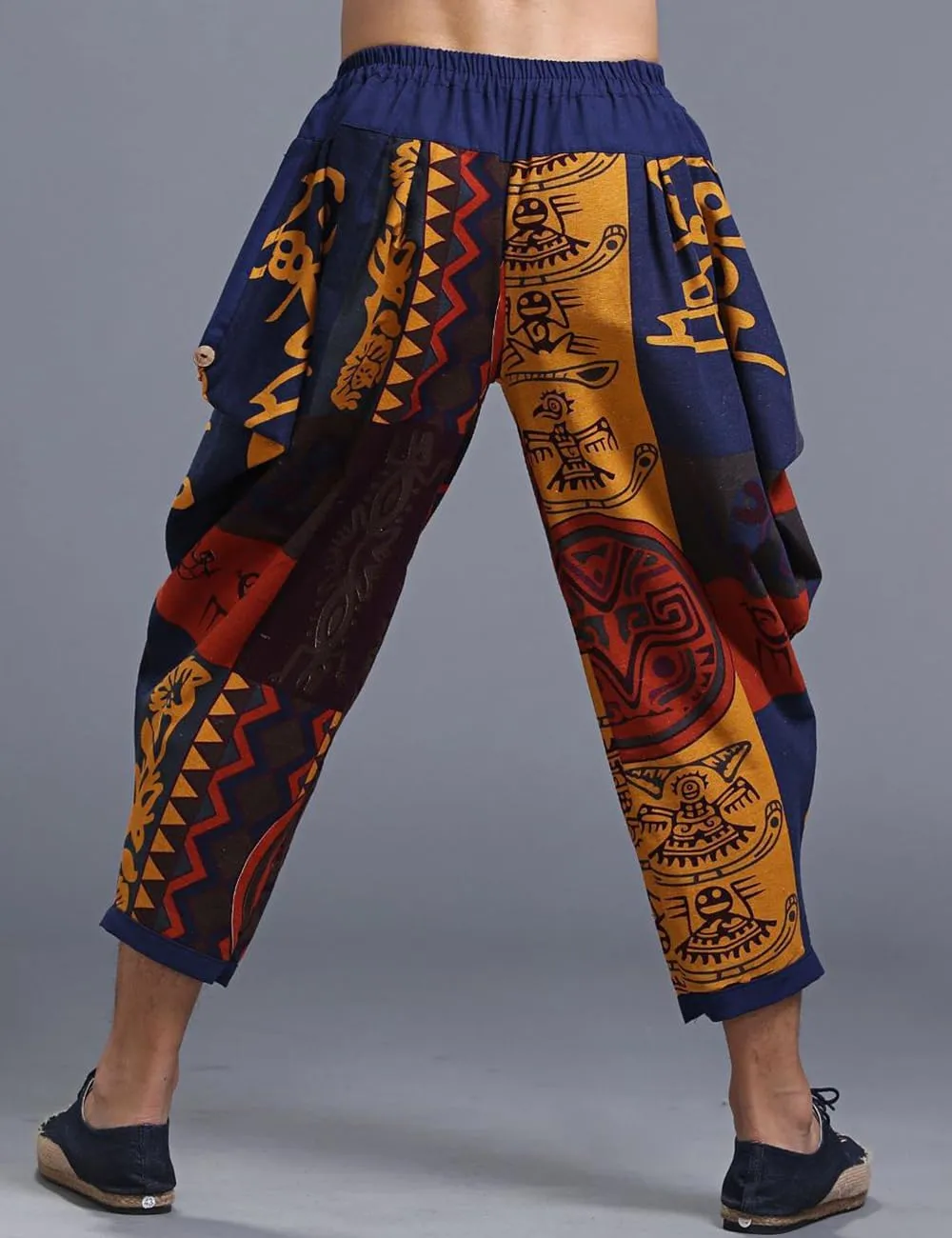 Ystylee Men's Summer Cotton Linen Ethnic Printed Harem Pants Casual Loose Hippie Yoga Beach Cropped Pants