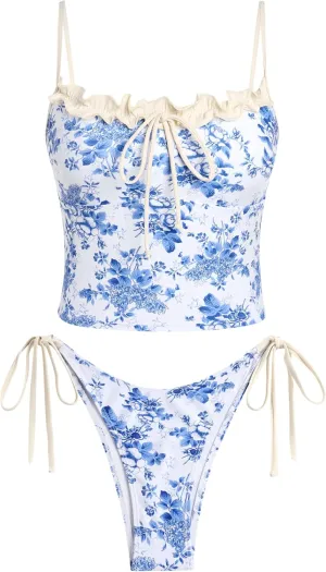 ZAFUL Tankini Swimsuits for Women Tie Front Tummy Control Spliced Ruffles Bikini Sets Two Piece Bathing Suits