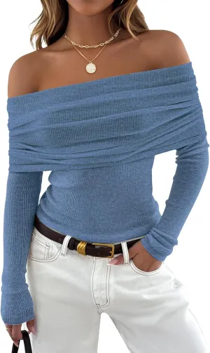ZESICA Long Sleeve Shirts for Women Off Shoulder Ribbed Knit Slim Fit Going Out Tops Outfits 2025 Trendy Fashion Clothes