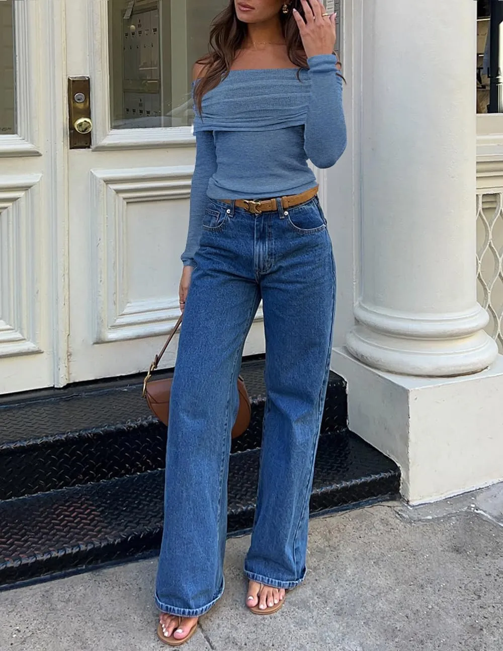 ZESICA Long Sleeve Shirts for Women Off Shoulder Ribbed Knit Slim Fit Going Out Tops Outfits 2025 Trendy Fashion Clothes