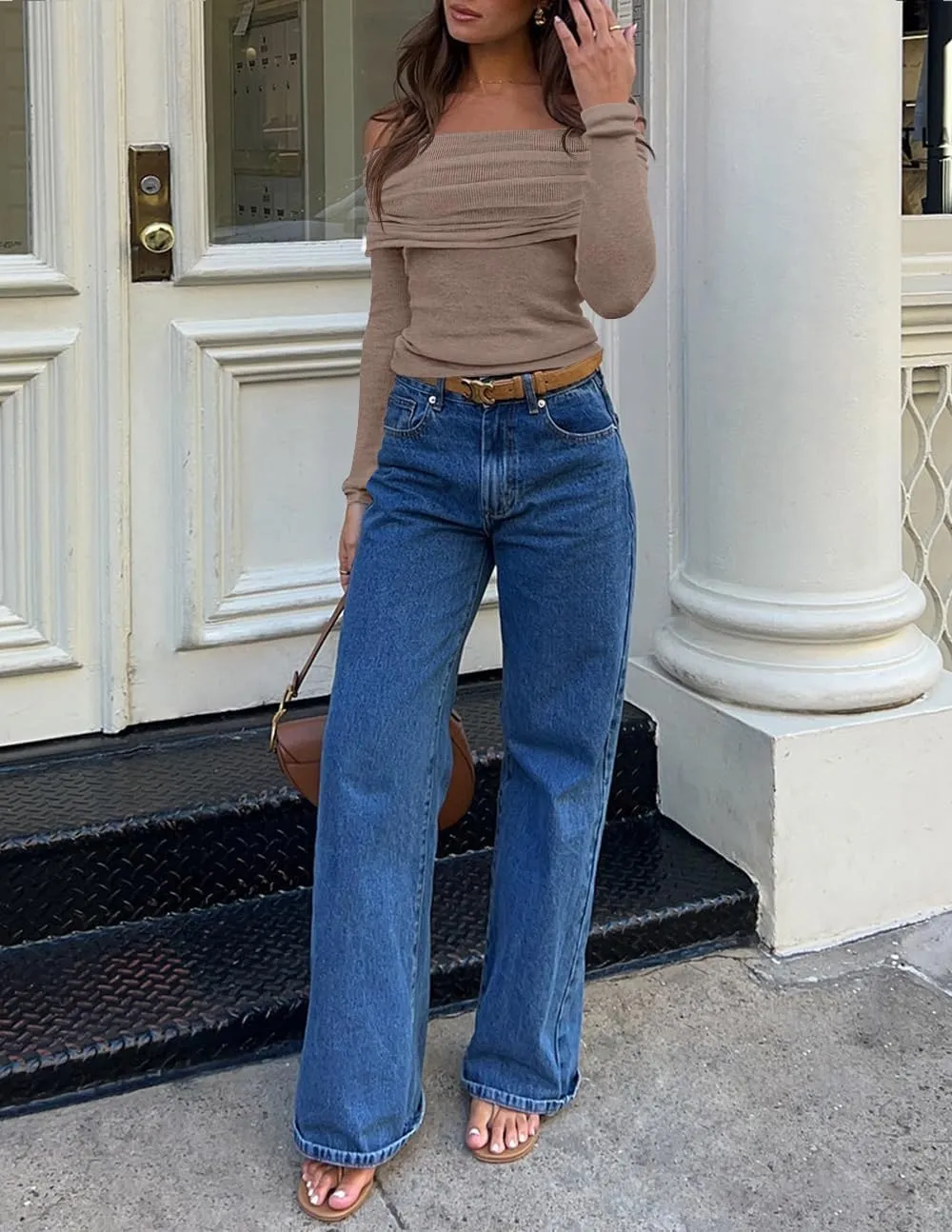ZESICA Long Sleeve Shirts for Women Off Shoulder Ribbed Knit Slim Fit Going Out Tops Outfits 2025 Trendy Fashion Clothes