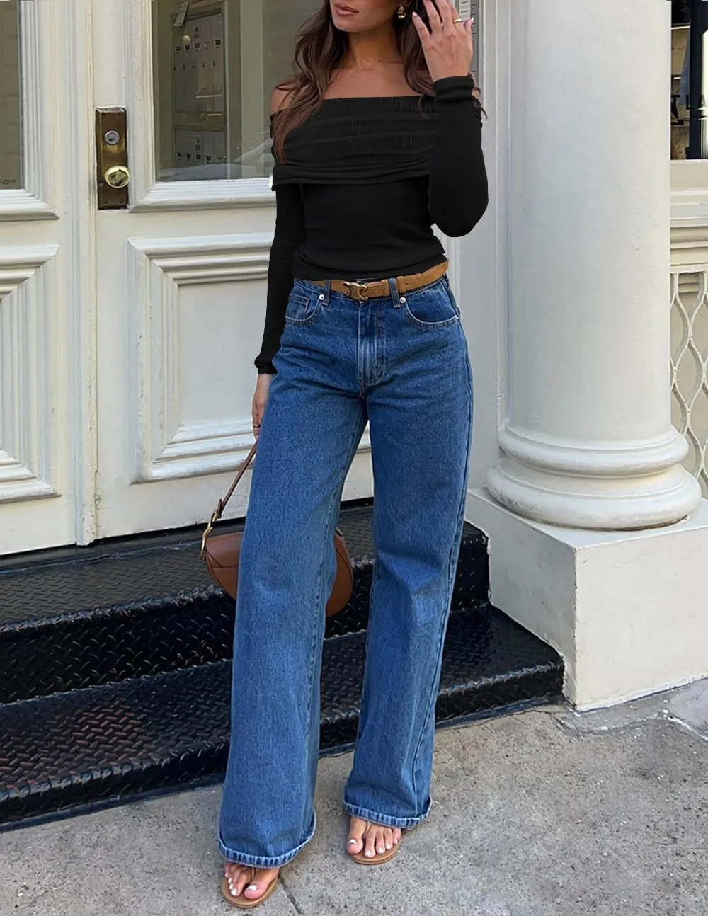 ZESICA Long Sleeve Shirts for Women Off Shoulder Ribbed Knit Slim Fit Going Out Tops Outfits 2025 Trendy Fashion Clothes