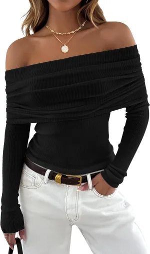 ZESICA Long Sleeve Shirts for Women Off Shoulder Ribbed Knit Slim Fit Going Out Tops Outfits 2025 Trendy Fashion Clothes
