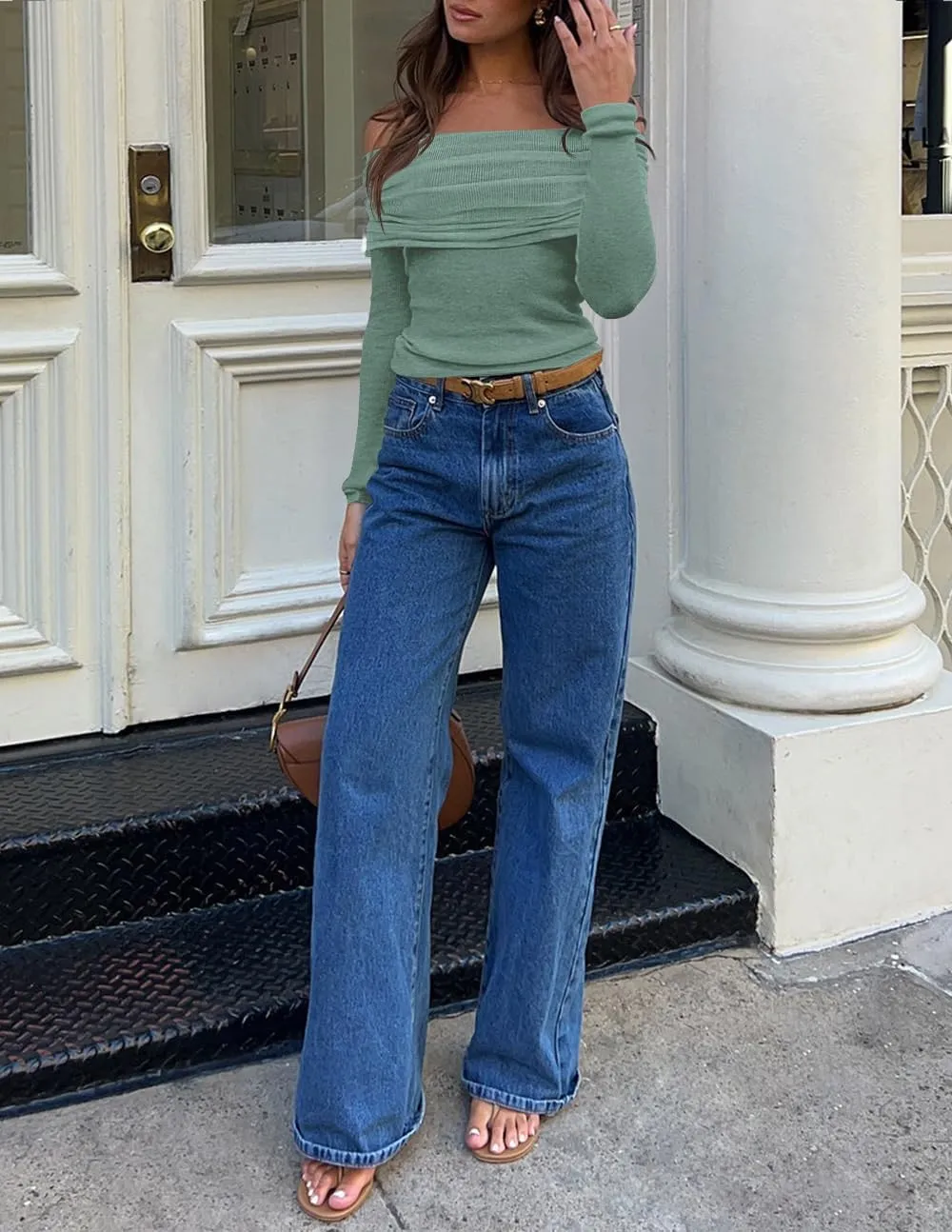 ZESICA Long Sleeve Shirts for Women Off Shoulder Ribbed Knit Slim Fit Going Out Tops Outfits 2025 Trendy Fashion Clothes