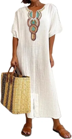 ZOCAVIA Cotton Linen Maxi Dresses for Women Ethnic Embroidered V Neck Sundress Summer Beach Casual Split Flowy Long Dress