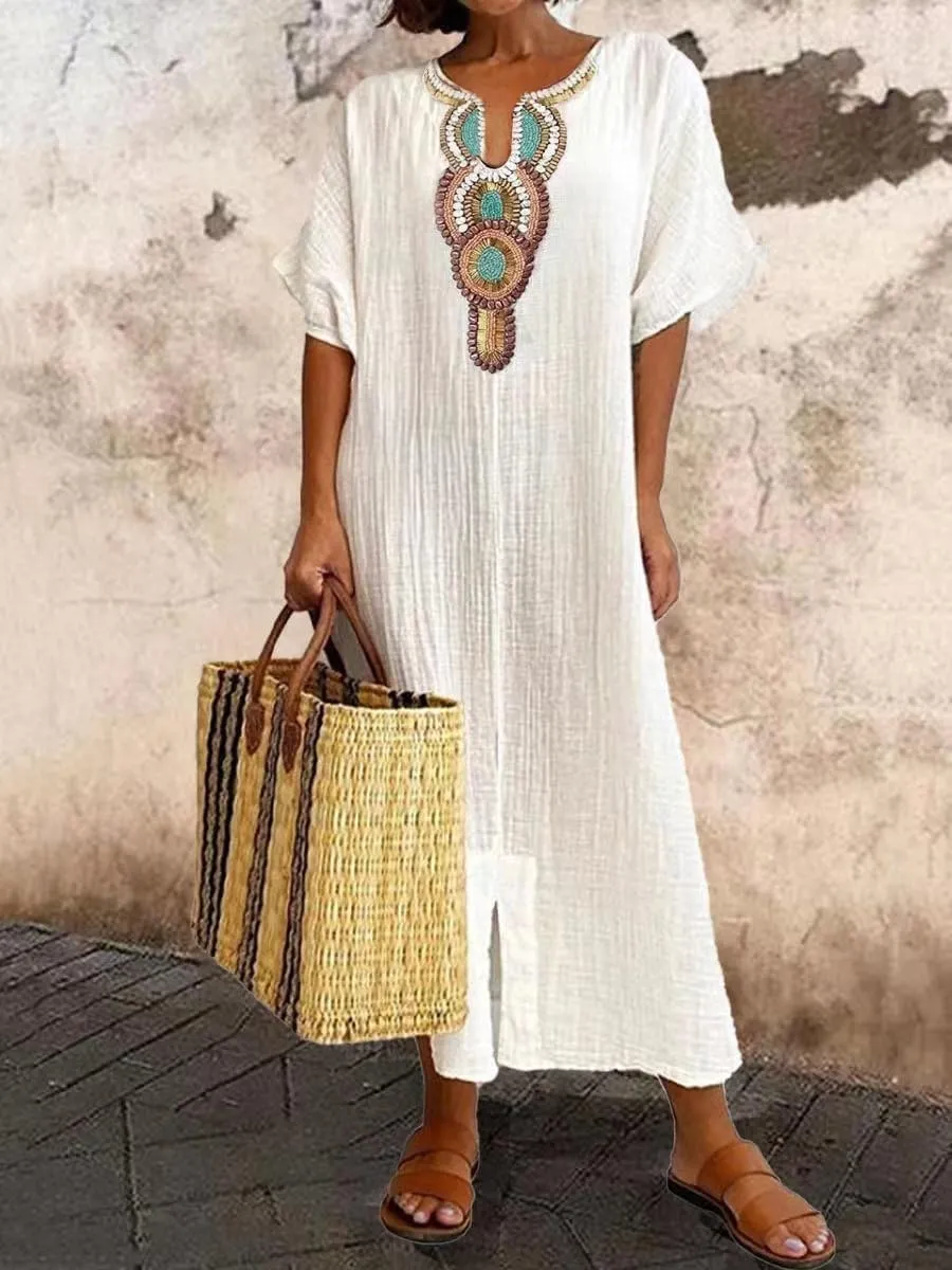 ZOCAVIA Cotton Linen Maxi Dresses for Women Ethnic Embroidered V Neck Sundress Summer Beach Casual Split Flowy Long Dress