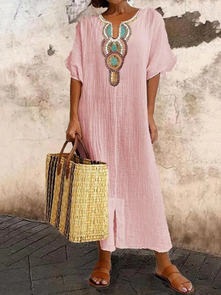 ZOCAVIA Cotton Linen Maxi Dresses for Women Ethnic Embroidered V Neck Sundress Summer Beach Casual Split Flowy Long Dress