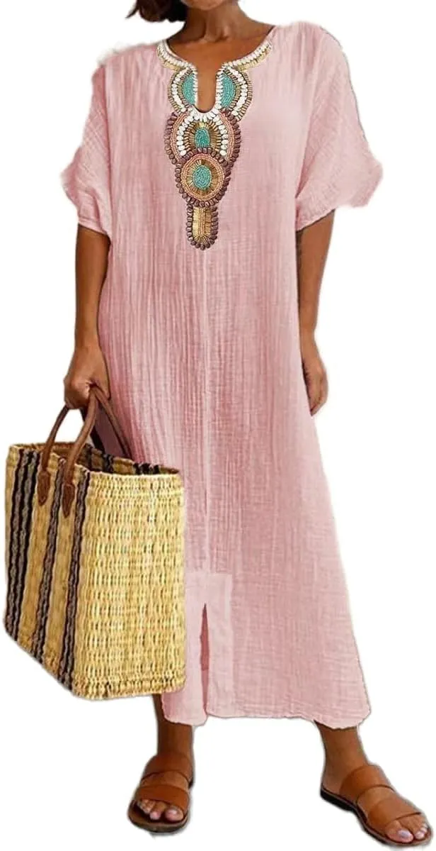 ZOCAVIA Cotton Linen Maxi Dresses for Women Ethnic Embroidered V Neck Sundress Summer Beach Casual Split Flowy Long Dress