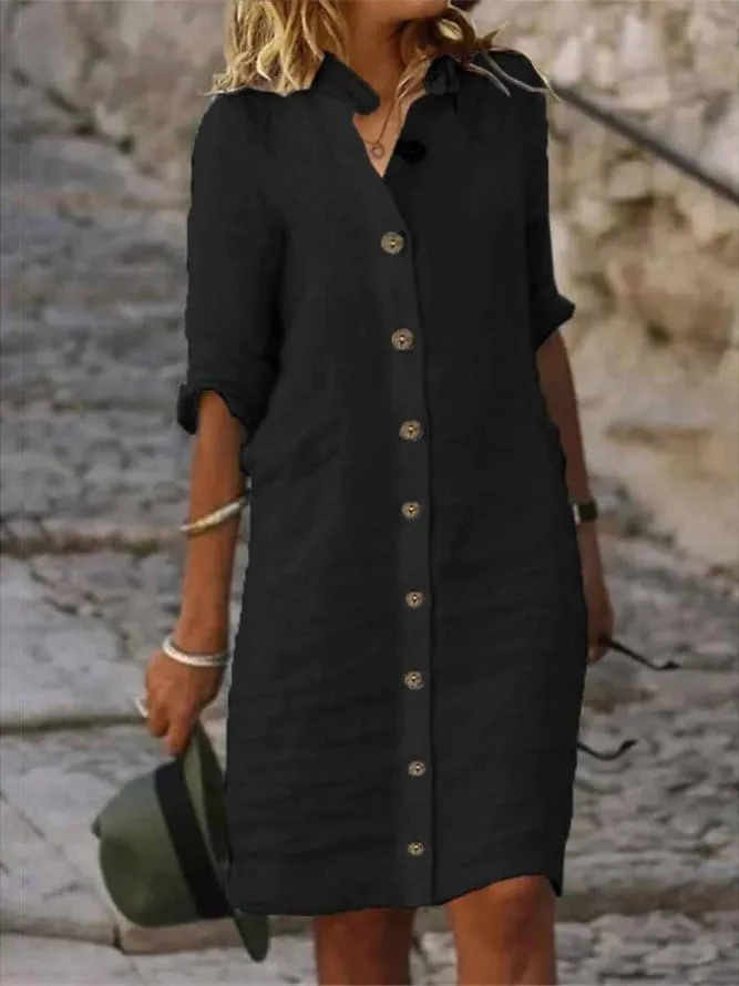 ZOCAVIA Cotton Linen Shirt Dress for Women Fashion Button Down Half Sleeve V Neck Beach Casual Loose Fit Solid Midi Dresses