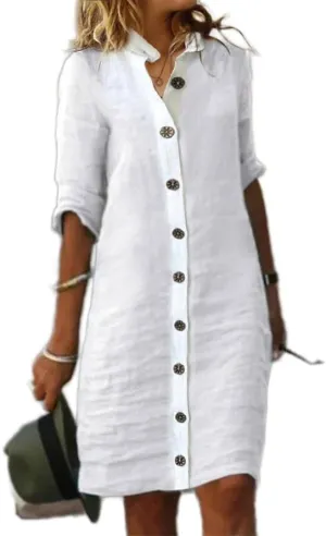 ZOCAVIA Cotton Linen Shirt Dress for Women Fashion Button Down Half Sleeve V Neck Beach Casual Loose Fit Solid Midi Dresses